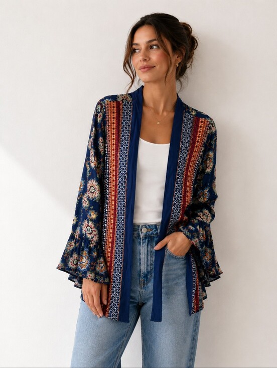 fig and flower Tops - fig and flower Anthropologie NWT Navy Floral Kimono with Red and Yellow Accents